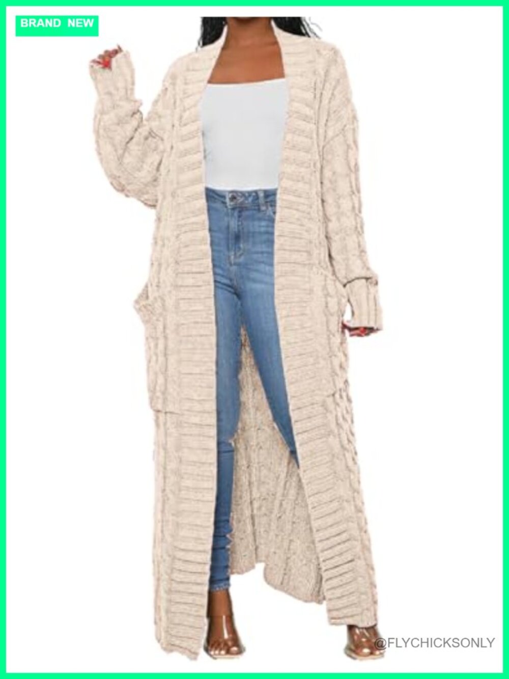 Open Front Long Chunky Knit Cardigan Sweater with Pockets
